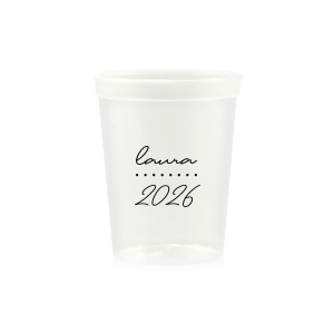 Add a personalized touch to your celebratory drinks with the Graduation Soiree Dotted Line Cup. The elegantly inscribed text is customizable with the grad's name and year of graduation in a sleek script font. A modern and stylish detail for sipping in honor at any classic graduation gathering.