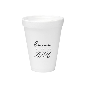 Add a personalized touch to your celebratory drinks with the Graduation Soiree Dotted Line Cup. The elegantly inscribed text is customizable with the grad's name and year of graduation in a sleek script font. A modern and stylish detail for sipping in honor at any classic graduation gathering.