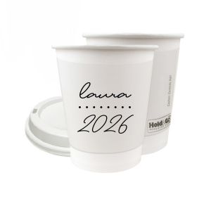Add a personalized touch to your celebratory drinks with the Graduation Soiree Dotted Line Cup. The elegantly inscribed text is customizable with the grad's name and year of graduation in a sleek script font. A modern and stylish detail for sipping in honor at any classic graduation gathering.