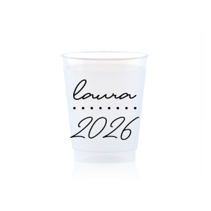 Add a personalized touch to your celebratory drinks with the Graduation Soiree Dotted Line Cup. The elegantly inscribed text is customizable with the grad's name and year of graduation in a sleek script font. A modern and stylish detail for sipping in honor at any classic graduation gathering.