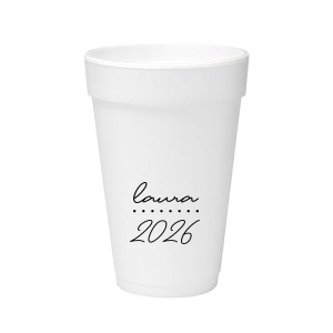 Add a personalized touch to your celebratory drinks with the Graduation Soiree Dotted Line Cup. The elegantly inscribed text is customizable with the grad's name and year of graduation in a sleek script font. A modern and stylish detail for sipping in honor at any classic graduation gathering.