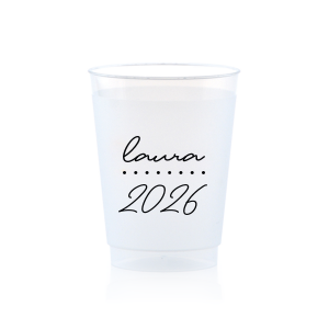 Add a personalized touch to your celebratory drinks with the Graduation Soiree Dotted Line Cup. The elegantly inscribed text is customizable with the grad's name and year of graduation in a sleek script font. A modern and stylish detail for sipping in honor at any classic graduation gathering.