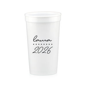 Add a personalized touch to your celebratory drinks with the Graduation Soiree Dotted Line Cup. The elegantly inscribed text is customizable with the grad's name and year of graduation in a sleek script font. A modern and stylish detail for sipping in honor at any classic graduation gathering.