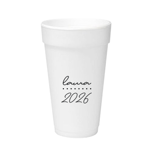 Add a personalized touch to your celebratory drinks with the Graduation Soiree Dotted Line Cup. The elegantly inscribed text is customizable with the grad's name and year of graduation in a sleek script font. A modern and stylish detail for sipping in honor at any classic graduation gathering.