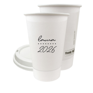 Add a personalized touch to your celebratory drinks with the Graduation Soiree Dotted Line Cup. The elegantly inscribed text is customizable with the grad's name and year of graduation in a sleek script font. A modern and stylish detail for sipping in honor at any classic graduation gathering.