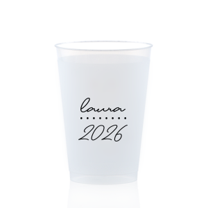 Add a personalized touch to your celebratory drinks with the Graduation Soiree Dotted Line Cup. The elegantly inscribed text is customizable with the grad's name and year of graduation in a sleek script font. A modern and stylish detail for sipping in honor at any classic graduation gathering.