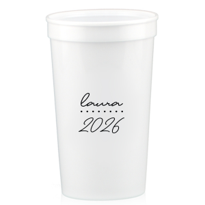 Add a personalized touch to your celebratory drinks with the Graduation Soiree Dotted Line Cup. The elegantly inscribed text is customizable with the grad's name and year of graduation in a sleek script font. A modern and stylish detail for sipping in honor at any classic graduation gathering.