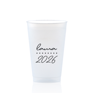 Add a personalized touch to your celebratory drinks with the Graduation Soiree Dotted Line Cup. The elegantly inscribed text is customizable with the grad's name and year of graduation in a sleek script font. A modern and stylish detail for sipping in honor at any classic graduation gathering.