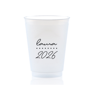Add a personalized touch to your celebratory drinks with the Graduation Soiree Dotted Line Cup. The elegantly inscribed text is customizable with the grad's name and year of graduation in a sleek script font. A modern and stylish detail for sipping in honor at any classic graduation gathering.
