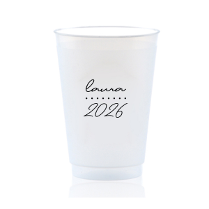 Add a personalized touch to your celebratory drinks with the Graduation Soiree Dotted Line Cup. The elegantly inscribed text is customizable with the grad's name and year of graduation in a sleek script font. A modern and stylish detail for sipping in honor at any classic graduation gathering.