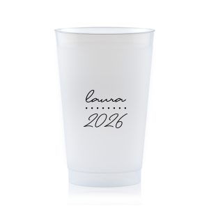 Add a personalized touch to your celebratory drinks with the Graduation Soiree Dotted Line Cup. The elegantly inscribed text is customizable with the grad's name and year of graduation in a sleek script font. A modern and stylish detail for sipping in honor at any classic graduation gathering.