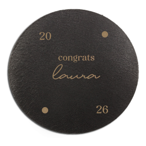 Protect surfaces while celebrating in style with the Graduation Soiree Dot Adorned Coaster, personalized with the graduate's name and year in a modish script font, and embellished with two elegant dot graphics. A sophisticated addition to any classic graduation party decor.