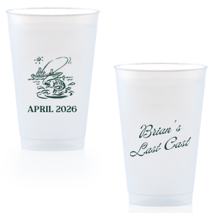 Commemorate the bachelor's 'Last Cast' before tying the knot with the Bachelor Party Last Cast Cup, personalized with the bachelor's name in a vintage script and a nostalgic illustration of a man fishing from a boat. Add the special date in a classic serif font for a keepsake that will be treasured long after the bachelor party.