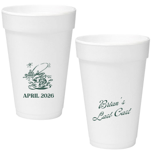 Commemorate the bachelor's 'Last Cast' before tying the knot with the Bachelor Party Last Cast Cup, personalized with the bachelor's name in a vintage script and a nostalgic illustration of a man fishing from a boat. Add the special date in a classic serif font for a keepsake that will be treasured long after the bachelor party.