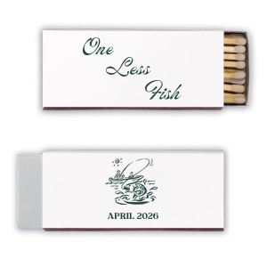 Spark a bit of fun at your bachelor party with the One Less Fish Bachelor Party Matchbook, featuring the playful phrase "One Less Fish" on one side. Personalize the other with the date of your outdoor-themed celebration below a vintage-style graphic of a man fishing from a boat— a perfect nod to the bachelor's last days of single life.