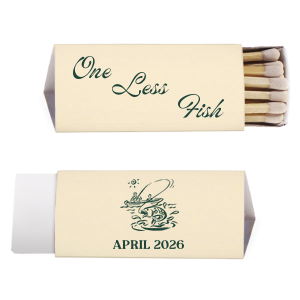 Spark a bit of fun at your bachelor party with the One Less Fish Bachelor Party Matchbook, featuring the playful phrase "One Less Fish" on one side. Personalize the other with the date of your outdoor-themed celebration below a vintage-style graphic of a man fishing from a boat— a perfect nod to the bachelor's last days of single life.