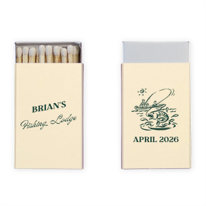 Light up the campfire and reminisce on single life with the Fishing Retreat Bachelor Party Name Matchbook, slanted with the bachelor's name in a bold, adventurous style, and the event location in a vintage-inspired script. A personalized touch for a bachelor party that's hooked on nostalgia.