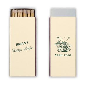 Light up the campfire and reminisce on single life with the Fishing Retreat Bachelor Party Name Matchbook, slanted with the bachelor's name in a bold, adventurous style, and the event location in a vintage-inspired script. A personalized touch for a bachelor party that's hooked on nostalgia.