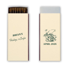 Light up the campfire and reminisce on single life with the Fishing Retreat Bachelor Party Name Matchbook, slanted with the bachelor's name in a bold, adventurous style, and the event location in a vintage-inspired script. A personalized touch for a bachelor party that's hooked on nostalgia.