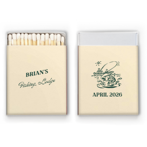 Light up the campfire and reminisce on single life with the Fishing Retreat Bachelor Party Name Matchbook, slanted with the bachelor's name in a bold, adventurous style, and the event location in a vintage-inspired script. A personalized touch for a bachelor party that's hooked on nostalgia.