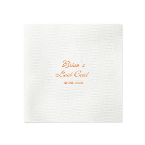 Celebrate the bachelor's final foray into singlehood with the Last Cast Bachelor Party Napkin, featuring the guest of honor's name in a vintage inspired script, the emblematic "Last Cast" phrase, and the event date in a straightforward serif font. A classic touch for a fishing retreat-themed bachelor bash.