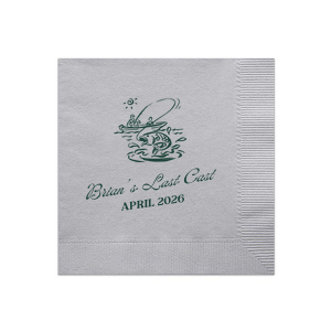 Set sail for matrimonial life with the Fishing Retreat Bachelor Party Napkin, embellished with a scenic graphic of a lone fisherman in a boat. Below, the bachelor's name is penned in a vintage inspired script, with the phrase "Last Cast" and the date of the event in a neat serif font, crafting the perfect vintage vibe for a pre-wedding celebration.