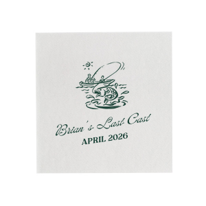 Set sail for matrimonial life with the Fishing Retreat Bachelor Party Napkin, embellished with a scenic graphic of a lone fisherman in a boat. Below, the bachelor's name is penned in a vintage inspired script, with the phrase "Last Cast" and the date of the event in a neat serif font, crafting the perfect vintage vibe for a pre-wedding celebration.