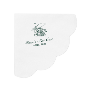 Set sail for matrimonial life with the Fishing Retreat Bachelor Party Napkin, embellished with a scenic graphic of a lone fisherman in a boat. Below, the bachelor's name is penned in a vintage inspired script, with the phrase "Last Cast" and the date of the event in a neat serif font, crafting the perfect vintage vibe for a pre-wedding celebration.