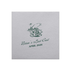 Set sail for matrimonial life with the Fishing Retreat Bachelor Party Napkin, embellished with a scenic graphic of a lone fisherman in a boat. Below, the bachelor's name is penned in a vintage inspired script, with the phrase "Last Cast" and the date of the event in a neat serif font, crafting the perfect vintage vibe for a pre-wedding celebration.