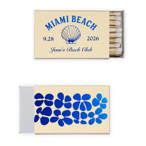 Ignite the fun at your seaside soiree with the Bachelorette Beach Party Seashell Match, personalized with the bachelorette's name in classic script, the party location, and date. Adorned with an elegant shell graphic, it's a perfect memento for "The Last Splash."