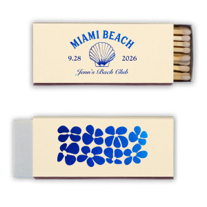 Ignite the fun at your seaside soiree with the Bachelorette Beach Party Seashell Match, personalized with the bachelorette's name in classic script, the party location, and date. Adorned with an elegant shell graphic, it's a perfect memento for "The Last Splash."