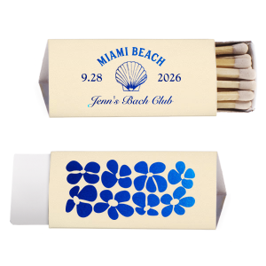 Ignite the fun at your seaside soiree with the Bachelorette Beach Party Seashell Match, personalized with the bachelorette's name in classic script, the party location, and date. Adorned with an elegant shell graphic, it's a perfect memento for "The Last Splash."