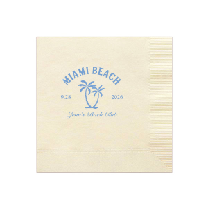 Celebrate the bride-to-be's final wave of singlehood with the Bachelorette Beach Party Palm Tree Napkin, custom-printed with her name in elegant script, alongside the party's sunny location and date, adorned with a tropical twin palm tree graphic. A breezy addition to "The Last Splash" bachelorette bash.