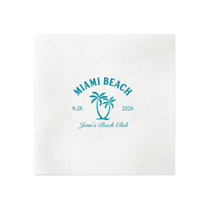 Celebrate the bride-to-be's final wave of singlehood with the Bachelorette Beach Party Palm Tree Napkin, custom-printed with her name in elegant script, alongside the party's sunny location and date, adorned with a tropical twin palm tree graphic. A breezy addition to "The Last Splash" bachelorette bash.