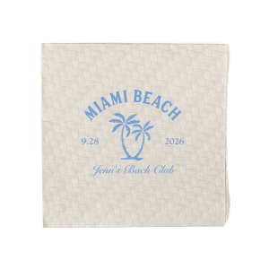 Celebrate the bride-to-be's final wave of singlehood with the Bachelorette Beach Party Palm Tree Napkin, custom-printed with her name in elegant script, alongside the party's sunny location and date, adorned with a tropical twin palm tree graphic. A breezy addition to "The Last Splash" bachelorette bash.