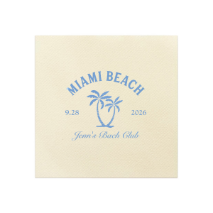 Celebrate the bride-to-be's final wave of singlehood with the Bachelorette Beach Party Palm Tree Napkin, custom-printed with her name in elegant script, alongside the party's sunny location and date, adorned with a tropical twin palm tree graphic. A breezy addition to "The Last Splash" bachelorette bash.