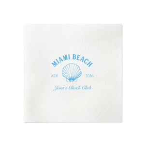 Dive into the festivities with the Bachelorette Beach Party Seashell Soiree Napkin, featuring the bachelorette's name in a timeless script, her party's coastal location, and date, elegantly accented with a chic sea shell graphic. The perfect accompaniment to "The Last Splash" celebration by the shore.