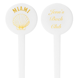 Mix up some seaside magic with the Bachelorette Beach Party Shell Stir Stick, perfect for adding a splash of ocean charm to your drinks. Personalize with the bachelorette's name in an elegant script on one side, and the beachy party locale with a seashell emblem on the other. A must-have for "The Last Splash" bachelorette bash.
