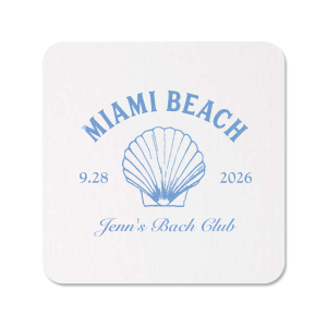 Rest your tropical cocktails on the Bachelorette Beach Party Coastal Shell Coaster, custom-tailored with the bachelorette's name in beautiful script, alongside the date and destination of her special event, all complemented by an elegant seashell illustration. The perfect detail for a sun-kissed celebration.