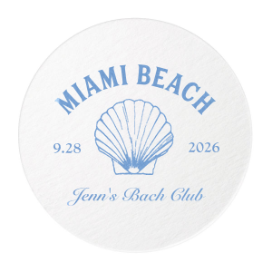 Rest your tropical cocktails on the Bachelorette Beach Party Coastal Shell Coaster, custom-tailored with the bachelorette's name in beautiful script, alongside the date and destination of her special event, all complemented by an elegant seashell illustration. The perfect detail for a sun-kissed celebration.