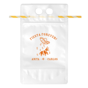 Sip in celebration with the Fiesta Forever Anniversary Drink Pouch, adorned with a lively "Fiesta Forever" phrase above a festive piñata, sombrero, and confetti design. Personalize the space below with the couple's names, lovingly separated by a mini floral graphic, for a truly festive touch to your anniversary toast.