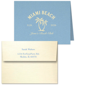 Show your gratitude with the Bachelorette Beach Party Palms Thank You Note Card, elegantly featuring the bachelorette's name in a timeless script, the event's tropical location, and date, all enclosed by serene palm tree illustrations. Customize the envelope with your address for a personal touch, ideal for expressing thanks after "The Last Splash."