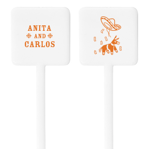 Stir up some festive fun at your anniversary celebration with the Fiesta Forever Anniversary Stir Stick. Adorn one side with a lively graphic of a piñata, sombrero, and confetti, and customize the other with the honored couple's names for a personalized touch to your spirited fiesta.