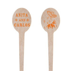 Stir up some festive fun at your anniversary celebration with the Fiesta Forever Anniversary Stir Stick. Adorn one side with a lively graphic of a piñata, sombrero, and confetti, and customize the other with the honored couple's names for a personalized touch to your spirited fiesta.