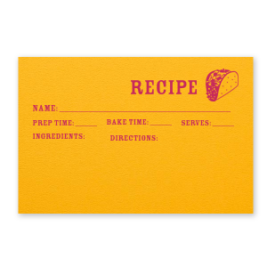 Share the spice of life with the Fiesta Forever Anniversary Taco Recipe Card. Featuring a charming taco graphic, these cards offer space to jot down the dish name, preparation time, serving size, ingredients, and cooking instructions. A flavorful keepsake for guests to remember your fiesta-themed anniversary celebration.