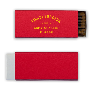 Ignite a lifetime of celebrations with the Fiesta Forever Anniversary Matchbox, elegantly adorned with "Fiesta Forever" arched over a stylized flower graphic. Customize with the couple's names and the number of years they've joyfully shared, capturing the essence of an endless fiesta.