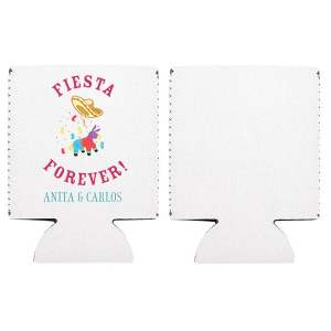 Keep your drinks as cool as your party with the Fiesta Forever Piñata Anniversary Can Cooler. Featuring the vibrant phrase "Fiesta Forever" encircling a festive piñata, sombrero, and confetti graphic, this lively can cooler can be personalized with the couple's names, making it a perfect addition to any anniversary fiesta.
