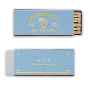 Set the mood for seaside fun with the Bachelorette Beach Party Splash Matchbook, personalized with the bachelorette's name in a graceful script, the date, and location of the celebration, accented by a palm tree graphic. The reverse side inspires with "Splash like there's no tomorrow" framed for a memorable touch to "The Last Splash" festivities.