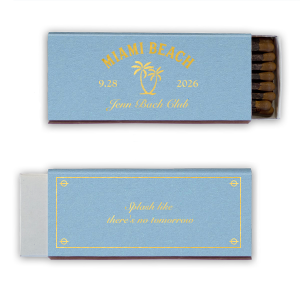 Set the mood for seaside fun with the Bachelorette Beach Party Splash Matchbook, personalized with the bachelorette's name in a graceful script, the date, and location of the celebration, accented by a palm tree graphic. The reverse side inspires with "Splash like there's no tomorrow" framed for a memorable touch to "The Last Splash" festivities.