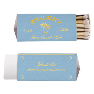 Set the mood for seaside fun with the Bachelorette Beach Party Splash Matchbook, personalized with the bachelorette's name in a graceful script, the date, and location of the celebration, accented by a palm tree graphic. The reverse side inspires with "Splash like there's no tomorrow" framed for a memorable touch to "The Last Splash" festivities.